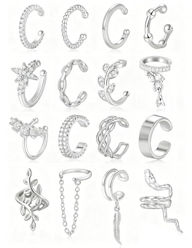 16 Pcs Ear Cuff Earrings for Women Non Piercing Gold Silver Plated Ear Cuffs Non Pierced Snake Leaf CZ Star Feather Waterdrop Chain Ears Cuff Wrap Earring Clip on Cartilage Helix Fake Earrings Lightweight Adjustable - color: Silver
