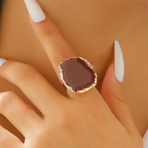 Chunky Gold Big Black CZ Enamel Drip Rings for Women Statement, Unique Large Crystal Silver Cocktail Ring Set Punk Geometric Jewelry Accessories Gifts - color: Brown 2