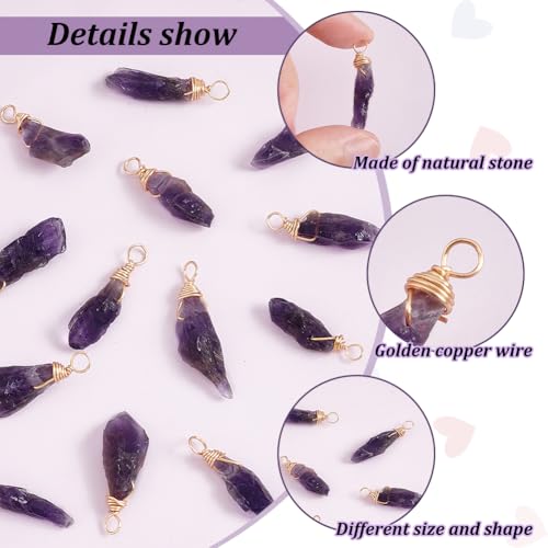 FINGERINSPIRE 16pcs About 28mm Natural Amethyst Pendant Bulk Irregular Amethyst Charms Raw Amethyst Copper Wire Wrapped Pendants Natural Stone Healing Crystal Gemstone Charm for Jewelry Making