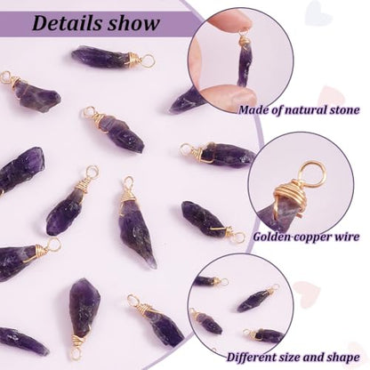FINGERINSPIRE 16pcs About 28mm Natural Amethyst Pendant Bulk Irregular Amethyst Charms Raw Amethyst Copper Wire Wrapped Pendants Natural Stone Healing Crystal Gemstone Charm for Jewelry Making