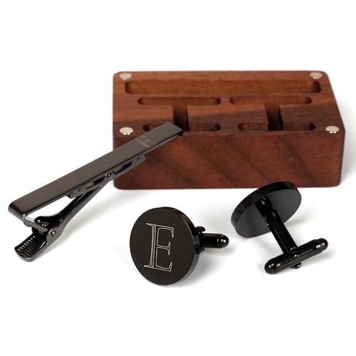 Mens Initial Cufflinks and Tie Clip A-Z Alphabet Letter Black Stainless Cuff Links Tie Bar with Engraved Walnut Wood Box Groom Groomsman Wedding Set - style: Classic-E