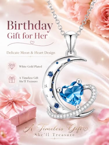 Birthstone Necklace for Women White Gold Moon and Star Pendant Moon Jewelry Anniversary Birthday Gifts for Mom Wife Her - color: 12. December - Blue Topaz