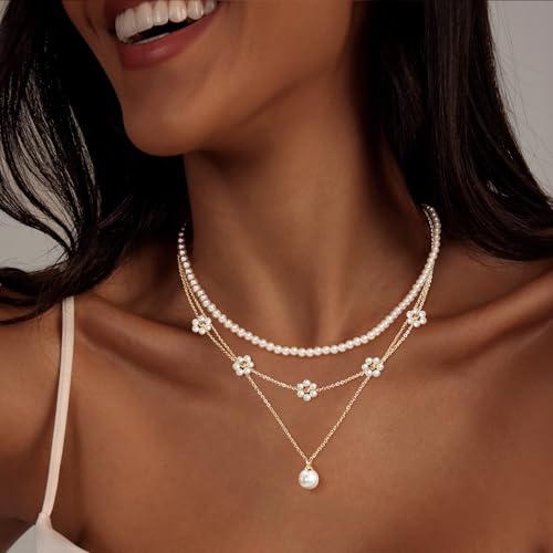 Zeffy Gold Pearl Necklace for Women, Dainty 14K Gold/Silve Plated Layered Pearl Choker Pearl Earrings Pearl Bracelets Wedding Trendy Gold Jewelry Set for Women Gifts - style: Gold Daisy Pearl Necklace-3PCS