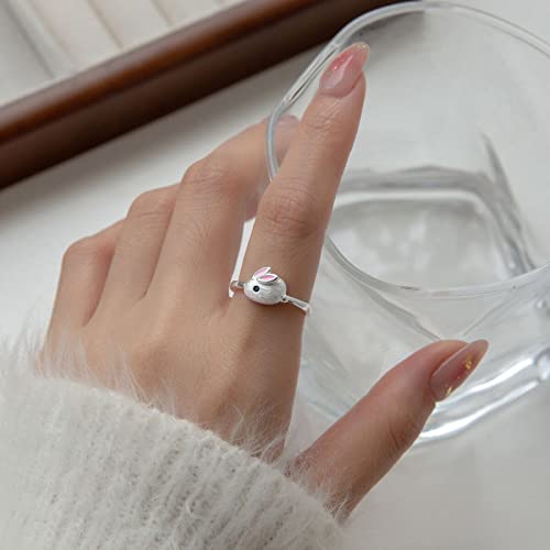 Rabbit Bridal Rings for Lady Opening Adjustable Sapphire Engagement Rings Minimalist Cute Proposal Rings (Silver, One Size)