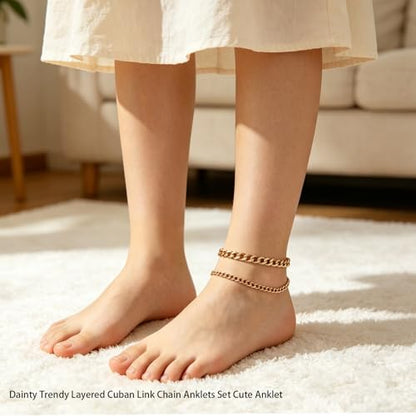Ankle Bracelets for Women Adjustable 18k Plated Gold Anklets Water Proof Stainless Steel Cuban Link Anklet Chains Beachy Womens Big ankles Anklet Fashion Accessories (silver) - color: Gold