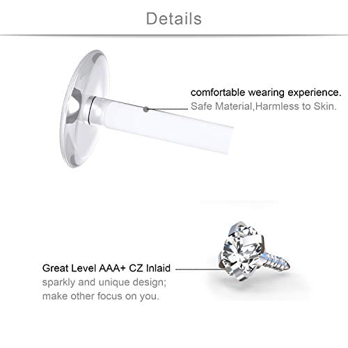 SCERRING 16G Lip Rings Clear CZ Labret Monroe Lip Ring Tragus Nail Helix Earring Stud Piercing Jewelry Bar Length 6mm 8mm 10mm - style: 18PCS - 2mm Top Silver