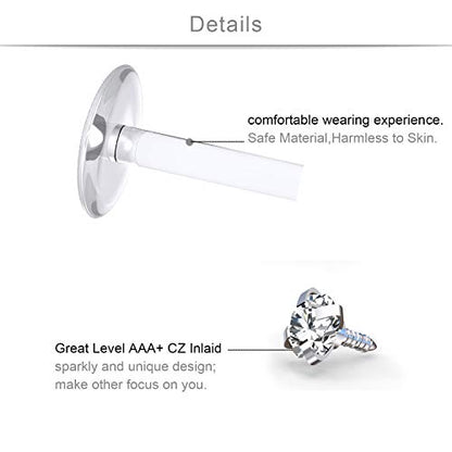 SCERRING 16G Lip Rings Clear CZ Labret Monroe Lip Ring Tragus Nail Helix Earring Stud Piercing Jewelry Bar Length 6mm 8mm 10mm - style: 18PCS - 2mm Top Silver