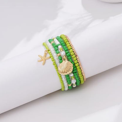 LALAPPLE Shell Bracelet Boho Beaded Stretch Bracelets for Women Seashell Strand Bracelets Starfish Charm Jewelry Summer Beach Jewelry Stackable Crystal Gold Plated Beads Bracelet for Women - style: Style5
