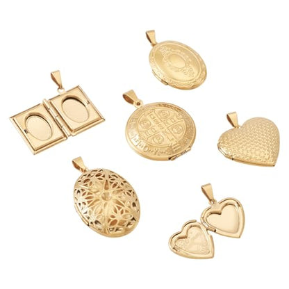 6Pcs 20K Gold Plated Locket Pendants Heart Oval Flat Round Rectangle Photo Frame Charms Golden Locket Charms for Necklaces DIY Memorial Necklace Making - color: Stainless Steel Color, 6 Styles