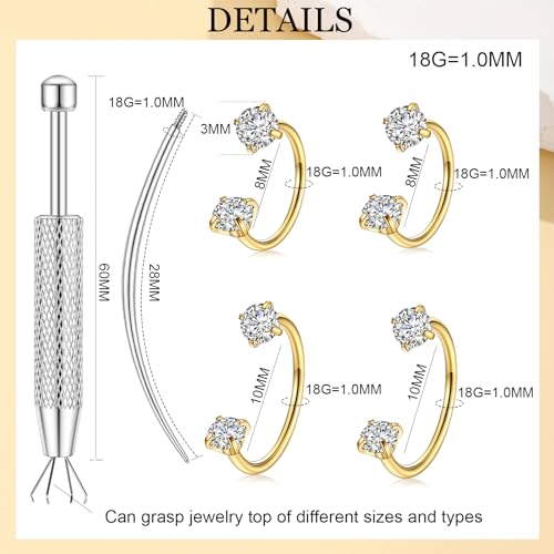 Horseshoe Nose Ring for Women, 20G 18G 16G Surgical Steel Nose Hoops, Multi-Purpose Nose Piercing Jewelry for Cartilage Helix Tragus Labret Septum Lips Ears - color: 18G-Gold 8MM&10MM