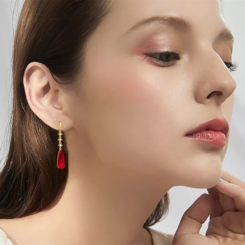 VONSSY Austrian Crystal Teardrop Drop Dangle Earrings Gold Plated Silver Post Zircon Gemstone Jewelry Gift for Woman Girlfriend Mom Wife - color: Red