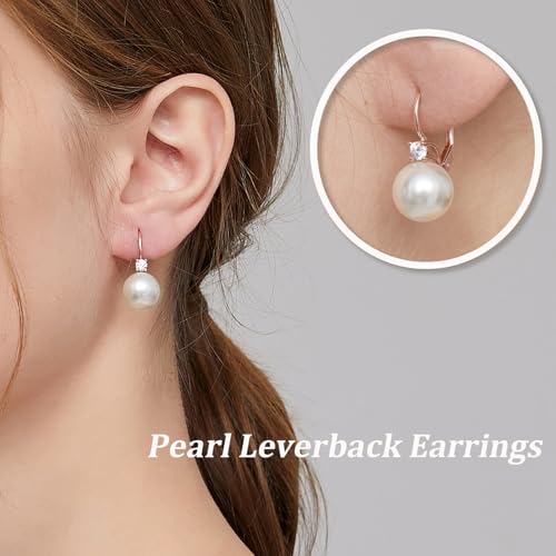 925 Sterling Silver Pearl Leverback Earrings for Women Cubic Zirconia Pearl Jewelry 10MM - color: A: Leverback-Rose Color