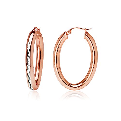 Hoops & Loops 925 Sterling Silver 4mm Thick Oval Diamond-Cut Hoop Earrings, 25mm 30mm, Silver, Yellow Gold, Rose Gold & Black - color: Rose Gold 25mm-1''