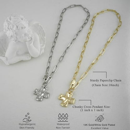 Chunky Cross Necklace for Women Trendy 14K Gold Silver Plated Statement Big Cross Pendant Paperclip Chain Charm Necklaces Religious Faith Easter Basket Stuffers Baptism Costume Jewelry Gift - color: White Gold-Lobster Clasp-1 inch pendant