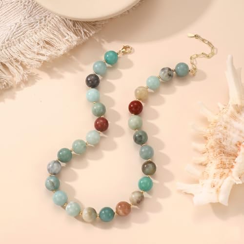 Colorful Beaded Necklace for Women Boho Statement Chunky Necklace Natural Stone Beads Gemstone Choker Necklaces Handmade Summer Beach Jewelry - color: Teal Blue