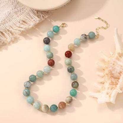 Colorful Beaded Necklace for Women Boho Statement Chunky Necklace Natural Stone Beads Gemstone Choker Necklaces Handmade Summer Beach Jewelry - color: Teal Blue