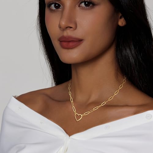 HERIER Cute Heart Necklace Dainty 18k Gold Plated Tiny Heart Pendant Choker Necklaces Small Gold Love Open Heart Chain Necklace for Women Simple Gold Necklace for Women Trendy Jewelry - color: Paperclip Heart-Gold