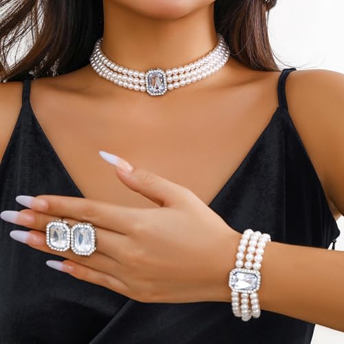 Wekicic Faux Pearl Necklace Earrings Set for Women Crystal Pearl Choker Necklace Bracelet Set 1920s Jewelry for Wedding Party - color: Silver