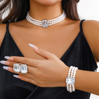 Wekicic Faux Pearl Necklace Earrings Set for Women Crystal Pearl Choker Necklace Bracelet Set 1920s Jewelry for Wedding Party - color: Silver