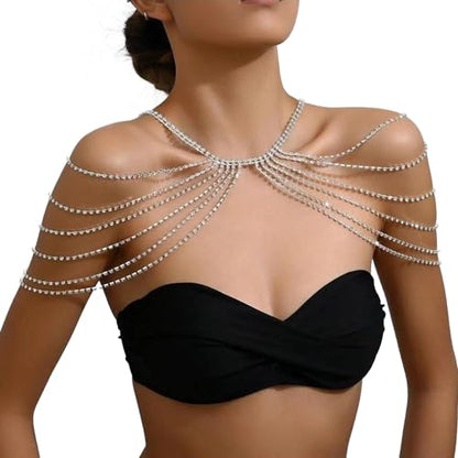 Rhinestone Shoulder Chain Jewelry,Multilayer Arm Tassel Chain Festival Rave Crystal Shoulder Chain Bridal Wedding Back Chain Necklace for Women - color: Silver