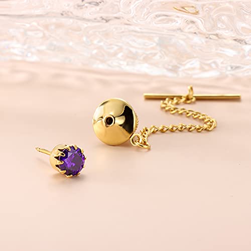 HAWSON Mens Tie Tack with Chain Round Crystal Wedding Business Accessories - color: Gold + Purple Velvet