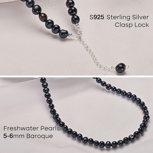 Natural Pearls Necklace, Freshwater Baroque Pearls Necklace for Women's Pearl Strand Choker Necklace 18K Gold Plated & S925 Sterling Silver Clasp White Necklace Chain - color: Black, 5-6mm, Silver Clasp