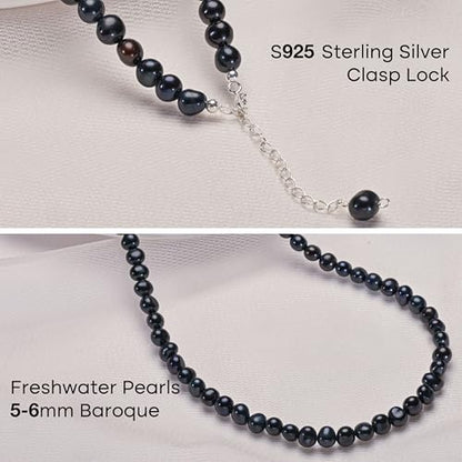 Natural Pearls Necklace, Freshwater Baroque Pearls Necklace for Women's Pearl Strand Choker Necklace 18K Gold Plated & S925 Sterling Silver Clasp White Necklace Chain - color: Black, 5-6mm, Silver Clasp