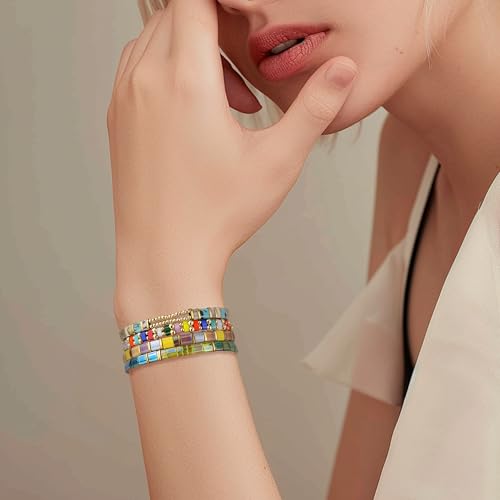 Sonateomber Tila Flat Beaded Stretch Bracelets for Women, Trendy Unique Colorful Square Beads Handmade Stack Bracelet Friendship Accessories Fashion Jewelry Gift - color: Gold Bead Turquoise White