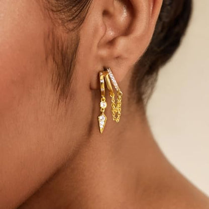 Cicy Bell Gold Earrings For Women 18k Gold Plated Triple Dangle Earrings | Hypoallergenic Drop Huggie Earrings Small Hoop Statement Chain Tassel Earrings Trendy Jewelry Gifts - color: Style C-Gold