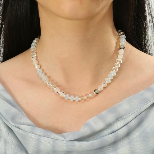 Joya Love Colorful Gemstone Beaded Necklaces For Women Trendy Rainbow Natural Stone Boho Handmade Stainless Steel Waterproof Strand Necklaces Jewelry For Women Gift - color: White