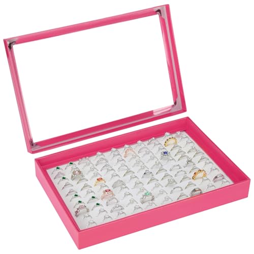 KUKUVR 100 Slots Ring Earring Holder Display Case (Pink) | Velvet, Clear Lid, Ring Earring Storage Organizer Box Tray, for Women and Selling Show - color: Pink