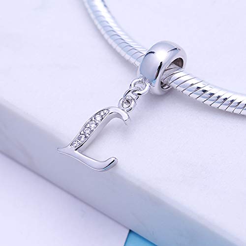 925 Sterling Silver Charms Alphabet Beads fit Pandora Charm Bracelets A-Z Letter Initial Spacer Dangle Clear CZ Stone Authentic for Snake Chain Bracelets - color: L
