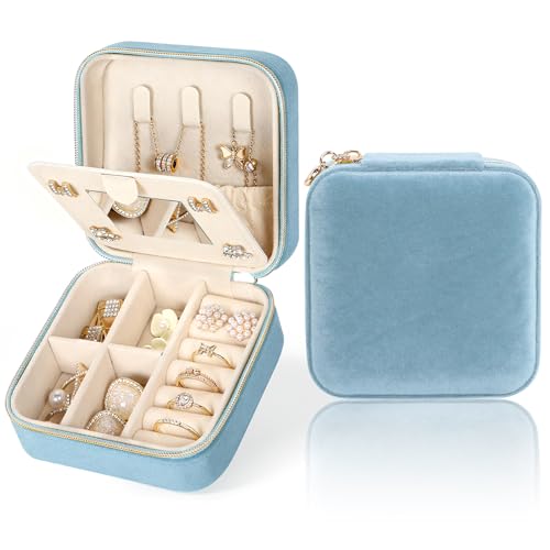 MFXIP Plush Velvet Travel Jewelry Case Small Jewelry Box Jewelry Organizer Storage Case Portable Jewelry Travel Case for Girls Womens Earring, Necklace, Rings,Bracelets with Mirror - color: Dark Blue