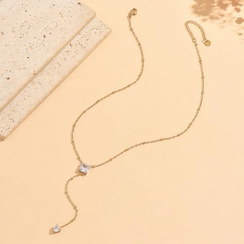 Dainty Y-Shaped Lariat CZ Drop Charm Pendant Necklaces for Women - color: Square-CZ-GD