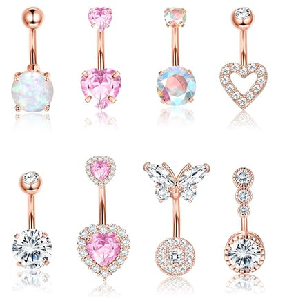 Dochais Pink Heart Belly Button Ring Piercing 8Pcs 14G Surgical Stainless Steel Navel Piercing Hypoallergenic Cute Created-opal Butterfly Belly Button Rings for Women - color: Rose Gold
