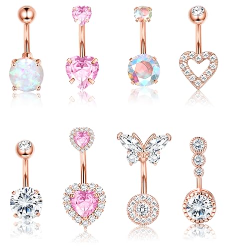 Dochais Pink Heart Belly Button Ring Piercing 8Pcs 14G Surgical Stainless Steel Navel Piercing Hypoallergenic Cute Created-opal Butterfly Belly Button Rings for Women - color: Rose Gold