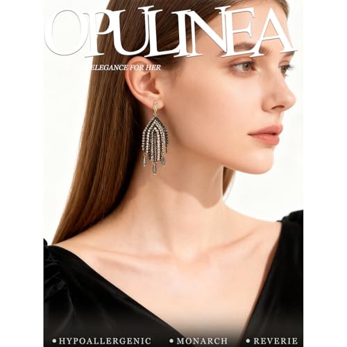 Fringe Dangling Tassel Earrings for Women, Handcrafted Chandelier Long Bohemian Beaded Cubic Zirconia Crystal Imitation Pearls Inlay Statement Boho Chain Hook Earrings for Wedding Party - color: Black Gold Hook