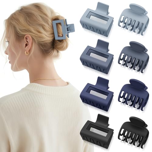 8 PCS Medium Hair Clips for Women Girls - 2 Styles Rectangle and Double Row Teeth Small Claw Clips for Thin Thick Hair, Matte Non-slip Strong Hold Jaw Clips Hair Accessories, Blue - color: Blue