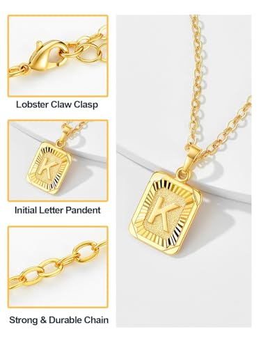 U7 Initial Necklaces for Women, Square Letter Pendant Necklace | Gold & Silver Plated A-Z Pendant | Personalized Large Monogram | 20+2" Adjustable Chain | Gift Packed for Mom Wife Friends - color: a. Gold, style: K