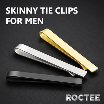 Roctee Skinny Tie Clip, 3 Pack Tie Bar Tie Clips For Men Low-Key Matte Black Elegant Necktie Pinch Clips For Business Meeting Graduation Ceremony Wedding Anniversary Party - color: Matte Black,Matte Sliver,Matte Gold