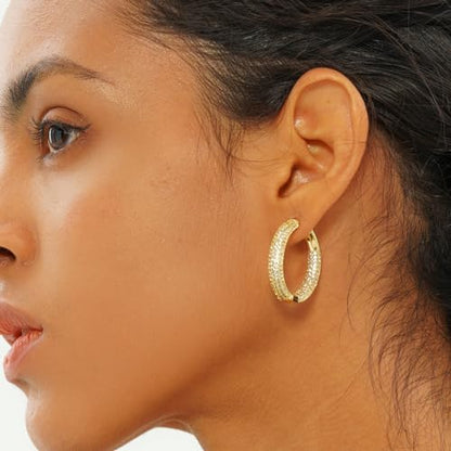 Iced Out Hoop Earrings Cubic Zirconia Huggie Cartilage Cuff Hypoallergenic 14K Gold Plated Luxury Fashion Round Circle Earrings For Men Women - color: 03 Gold