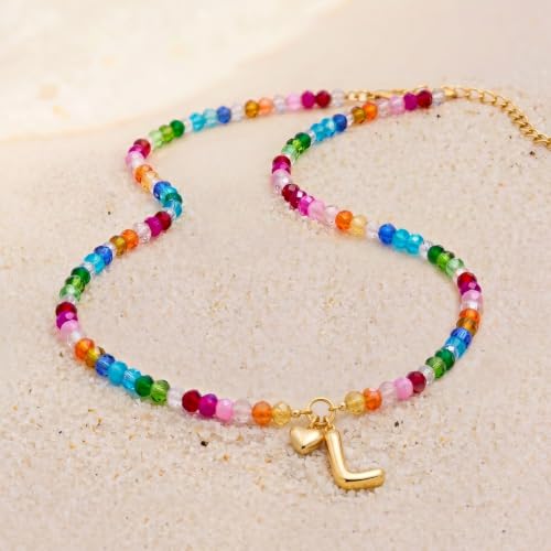 Initial Necklace for Women Colorful Beaded Necklaces Initial Heart Bubble Letter Necklace Summer Necklace Jewelry Gift - color: L
