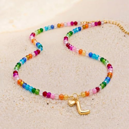 Initial Necklace for Women Colorful Beaded Necklaces Initial Heart Bubble Letter Necklace Summer Necklace Jewelry Gift - color: L