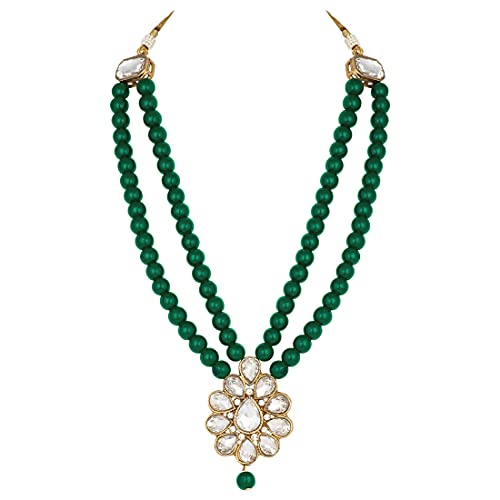 Aheli Wedding Faux Kundan Pendant Beaded Necklace Earrings Set Bollywood Indian Bharatanatyam jewellery set Gift for Women - color: Green