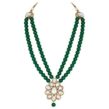 Aheli Wedding Faux Kundan Pendant Beaded Necklace Earrings Set Bollywood Indian Bharatanatyam jewellery set Gift for Women - color: Green
