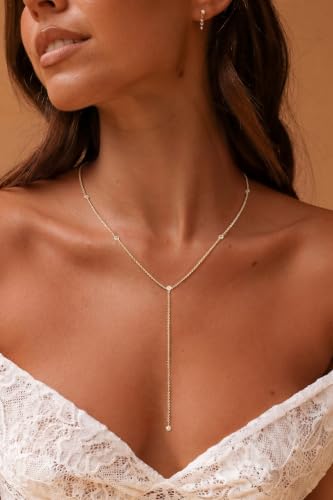 CHESKY Lariat Gold Necklace for Women, Dainty Long Necklace 14k Gold Plated Y-Shaped Pendant Necklace Trendy Layered CZ Beaded Chain Drop Necklaces Simple Gold Jewelry for Women Gifts - color: 1