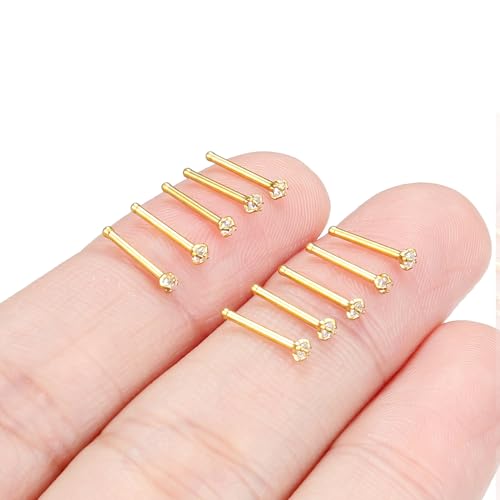 Hoeudjo Nose Studs Surgical Steel Cubic Zirconia Nose Rings Kit for Women Men Tiny Nose Stud Bone & Screw & L Shaped Nostril Piercing Jewelry 24/22/20/18 Gauge 10 Pieces - color: gold-tone,nose bone studs, size: 20g/1.5mm clear CZ