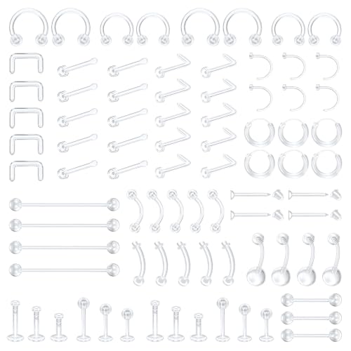 82-Pack Clear Piercing Retainer Bioflex Plastic Body Jewelry | for Nose Eyebrow Lip Septum Ear Navel Tongue Discreet Industrial Piercing Invisible Earrings for Surgery Sports