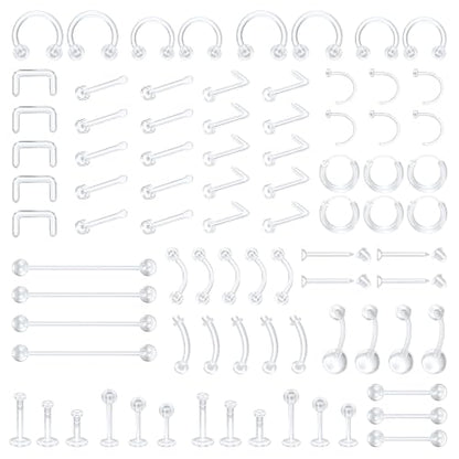 82-Pack Clear Piercing Retainer Bioflex Plastic Body Jewelry | for Nose Eyebrow Lip Septum Ear Navel Tongue Discreet Industrial Piercing Invisible Earrings for Surgery Sports
