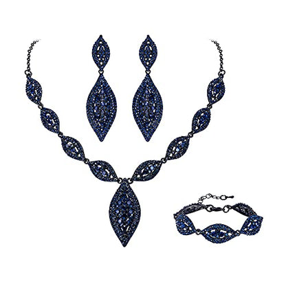 Flyonce Wedding Jewelry Set Rhinestone Crystal Bridal Leaf Necklace Drop Dangle Chandelier Earrings Sets for Women - color: Navy Blue